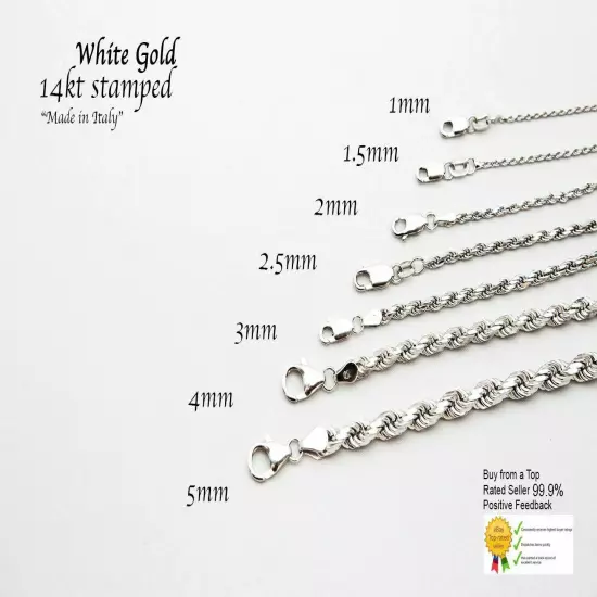 14k Solid White Gold Rope Chain Necklace D/cut 1mm-5mm Mens' Women Sz 16"-30"