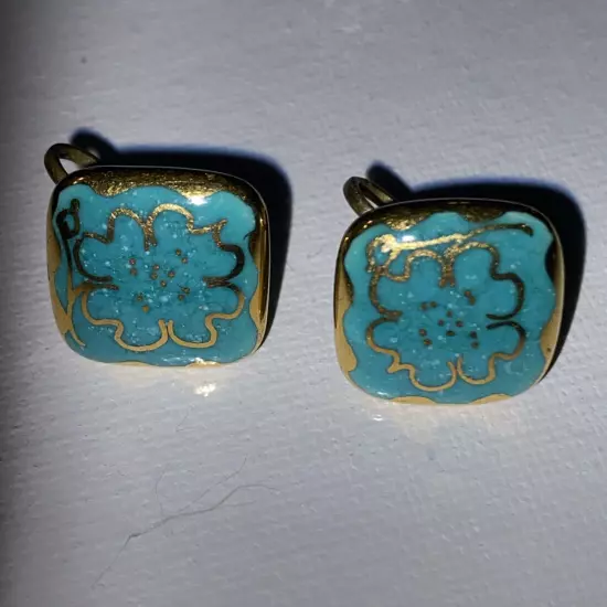 Simulated Vtg,: (1940's) Turquoise Earrings With Gold Foil Floral Pattern Unique