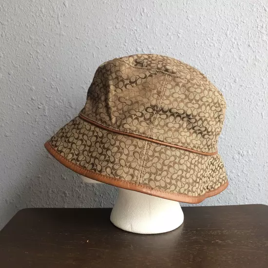 Coach Brown Signature Jacquard Hat M/L Small Monogram Logo Pattern Leather Trim