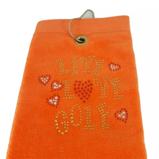 Navika USA Crystal Terry Cloth LIVE LOVE GOLF Towel with Clip Hearts Orange NWT