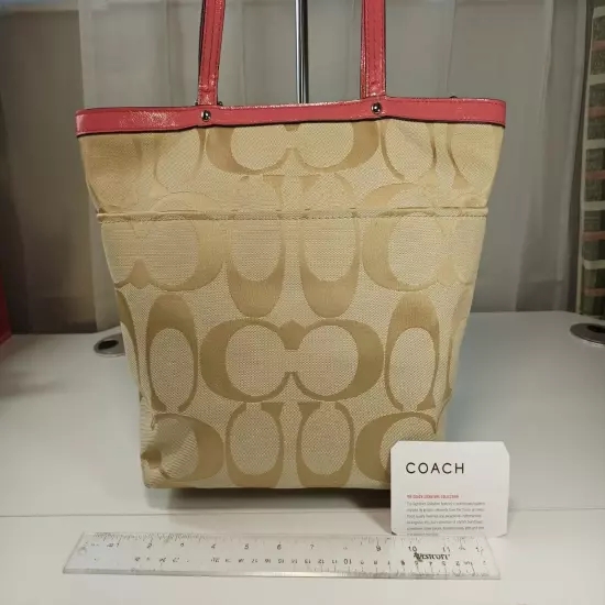 Coach Shopper Medium Pink Khaki Tote Purse Signature Stripe Canvas Patent Leathe