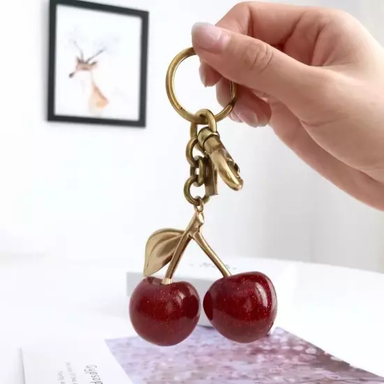 1 Kit Cherry Bag Charm KeyChain Glitter resin and metal Brass Red Apple