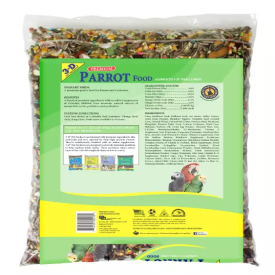 3-D Pet Products Premium Parrot Bird Food Seeds with Probiotics 8 lb. Bag