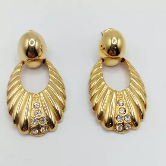 Gold Tone Women's Unbranded Drop Doorknockers Post Earrings Rhinestone Accents