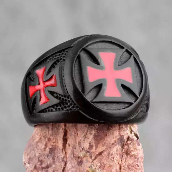 Red Cross Knights Templar Maltese Black Stainless Steel Mens Punk Biker Ring