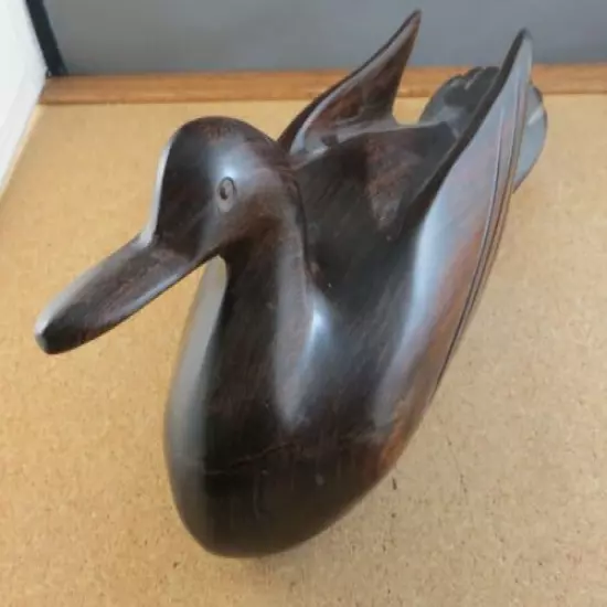 Large 12" Vintage Dark Hard Solid Wood Duck Swan Figurine Decoy Log Cabin Decor