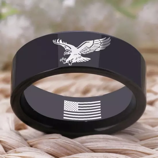 8MM Men Women Tungsten Carbide Ring Eagle with American Flag Comfort Fit Ring