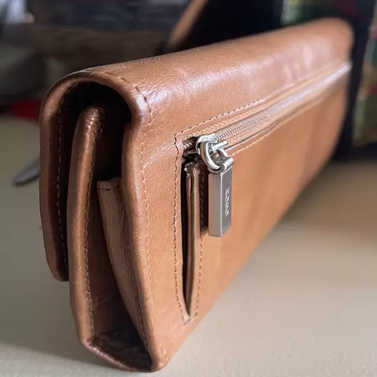 HOBO Int'l Saddle Tan Soft Leather Long Trifold Magnetic Closure Wallet