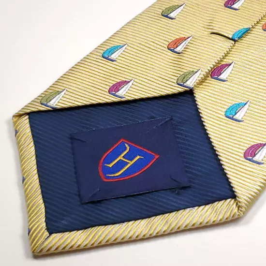 HENRY JACOBSON Handmade 100% Silk Tie Mens Gold Black Blue Plaid Necktie NEW