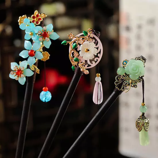 Womens Wooden Hair Stick Pins Chopstick Handmade Flower Hairpins Chinese Style