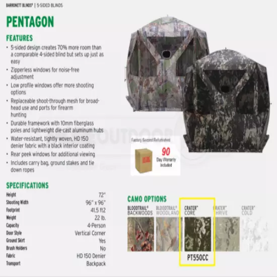 PT550CC Barronett Blinds Pentagon CRATER CORE CAMO Hunting Blind MFG REFURB