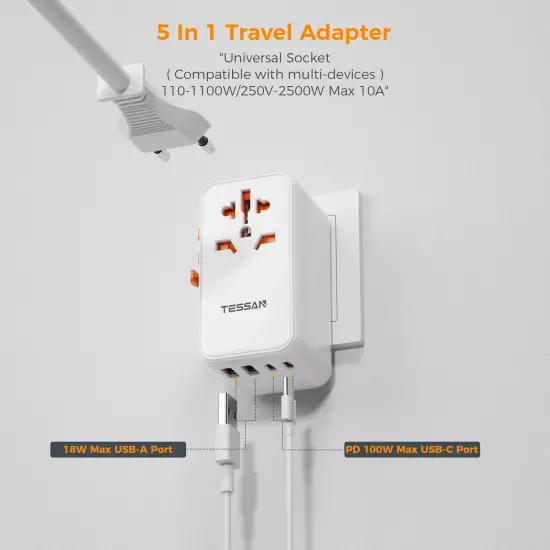 100W Universal Travel Adapter with USB and Type-C Fast Charging Power Adapter