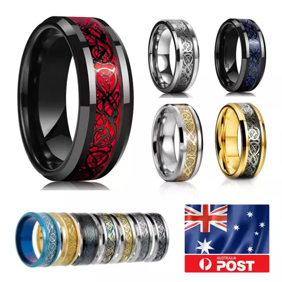 11 Colors Real Stainless Steel Man Silver Gold Black Celtic Dragon 8mm Band Ring