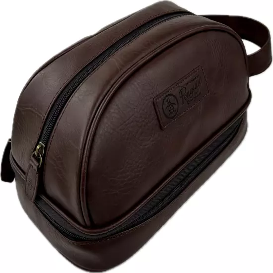 Original Penguin Men Brown Faux Leather Zip Travel Luggage Shave Kit Bag Pouch