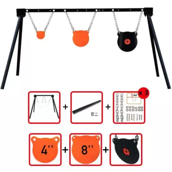 AR500 Steel Shooting Target Stand System (Stand, Chains&4"8" Gongs+10" Bullseye)