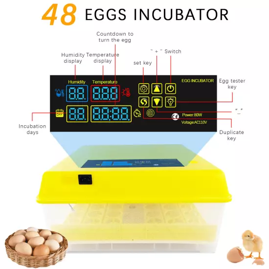 48/56/96 Digital Eggs Incubator Egg Hatcher Temperature Control Automatic 80W