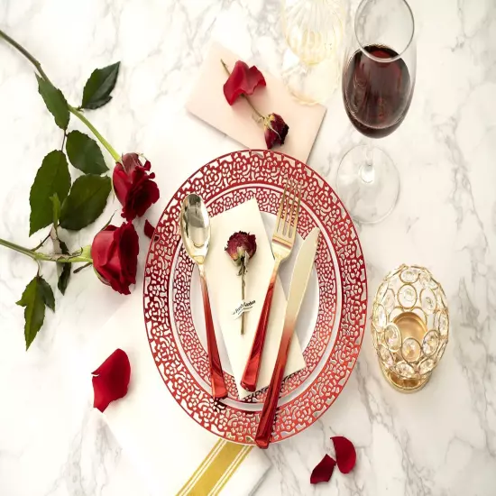 Red Plastic Dinner Plates and Red Gold Silverware - 125 Piece Disposable Prem...