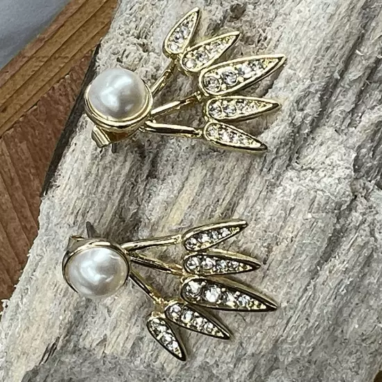 Gold Pearl Clear Swarovski Crystal Art Deco Style Drop Earrings