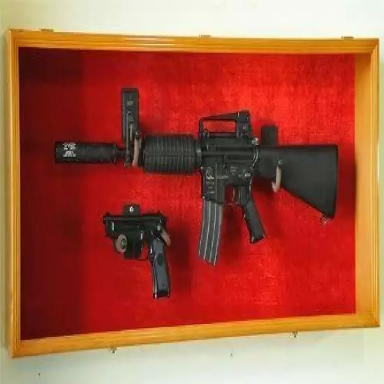 Gun Display Case Cabinet Rifle Oak Wood Handgun Shotgun Lock Shadow Box US 45.5"