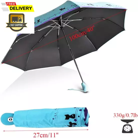 Windproof Compact Travel Folding Cute Cat Umbrella,Auto Open Close Rain&Sun USA.