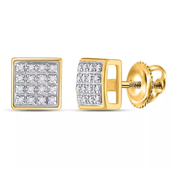 10K Yellow Gold Mens Round Diamond Square Cluster Earrings 1/10 Cttw