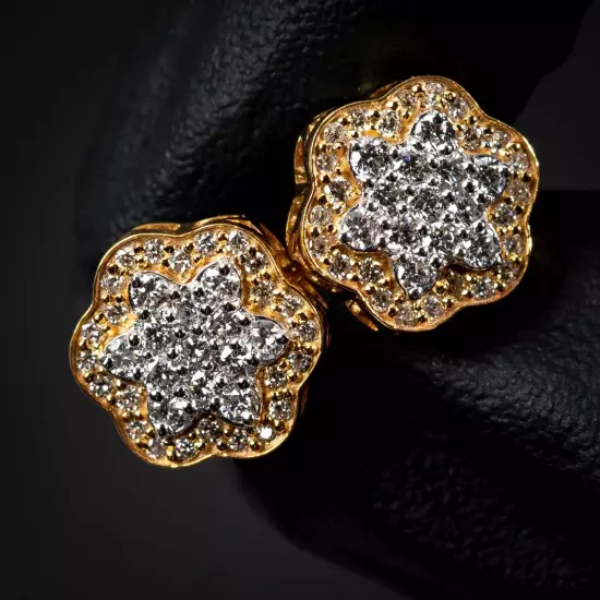 1.86Ct Lab Created Diamond Flower Cluster Men's Stud Earrings 14K Yellow Gold FN