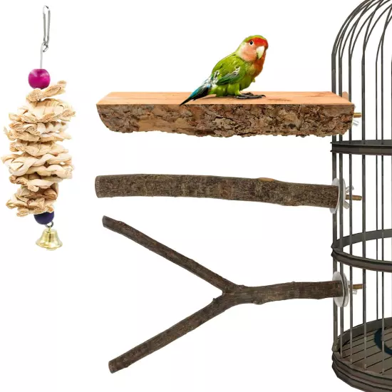 3 Pack Apple Wood Bird Perch for Cage, Natural Wooden Parrot Perch Stand Platfor