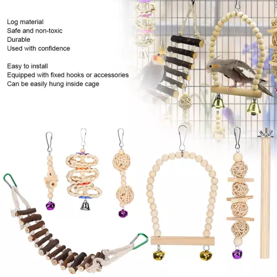 7pcs Bird Cage Toys Wood Swing Hanging Chewing Standing Toys Hanging Bell Bi AD5