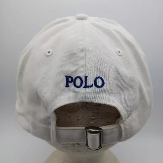 Polo Ralph Lauren Hat Cap Strap Back Solid White with Blue Pony Logo and Script