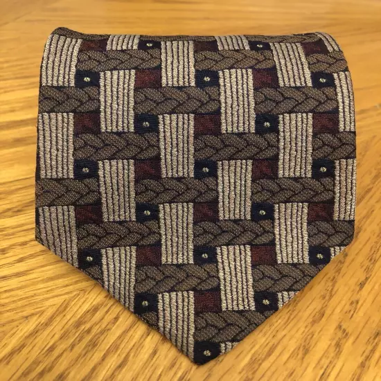 Ermenegildo Zegna Silk Tie, Italy Brown Black & Red Geometric Design