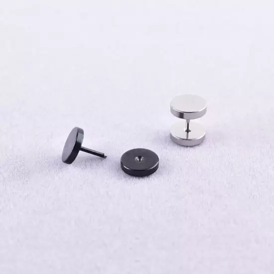 Pair Black Flat Round Barbell Plug Stud Earrings GYM MENS Stainless Steel 3-14MM