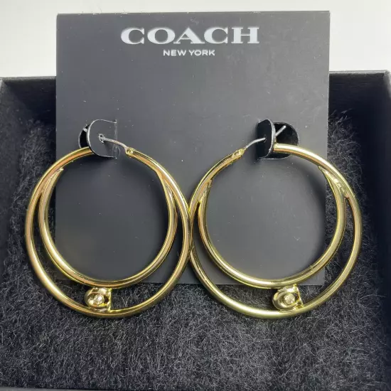 Earrings Coach Double Hoop Gold With Crystal In The Signature C New With Tags