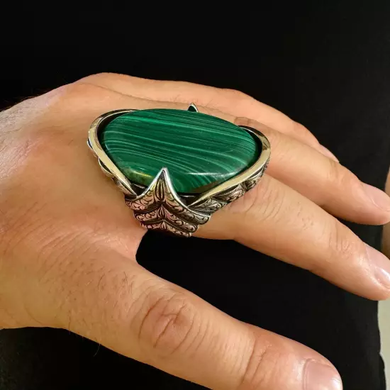 925 Sterling Silver Malachite Stone Engraved Design Handmade Huge Men's Ring