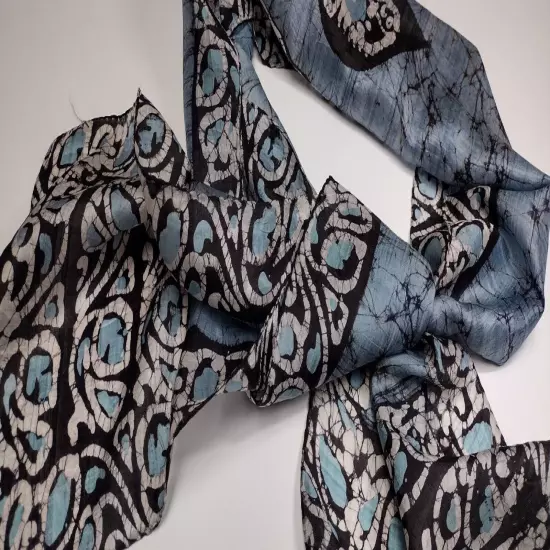 Pure Silk Scarf Blue Paisley Boho Vintage 70s INDIA Long Scarf BABY BLUE RICH