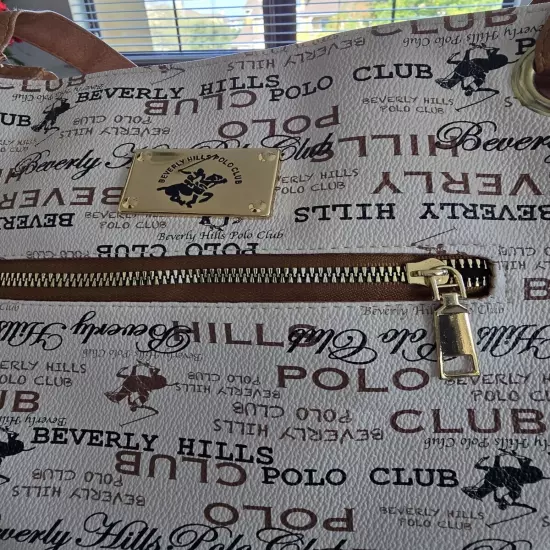 Beverly Hills Polo Club Womens Tote Bag Sz L Beige Monogram Dual Handle Luxury 