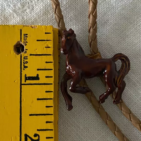 Bolo Tie Enamel Horse Prancing Western Ranch Rodeo Leather Braid Cord Brown