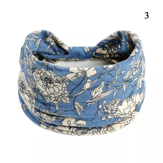 Women Boho Flower Print Wide Headband Vintage Knot Elastic Turban Headwrap *