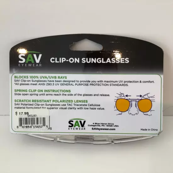 SAV Evewear Clip on Sunglasses - Blocks 100% UVA/UVB Protection - Oval - NEW