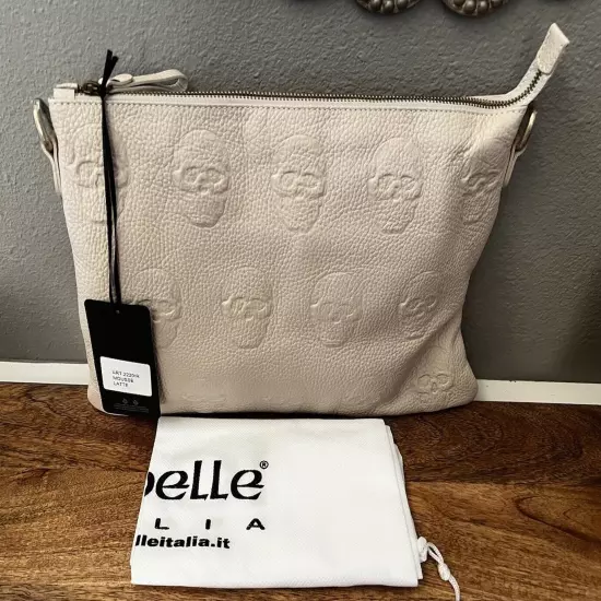 IO Pelle Italia Skull Embossed Leather Crossbody Clutch Mousse Latte 14" x 10"