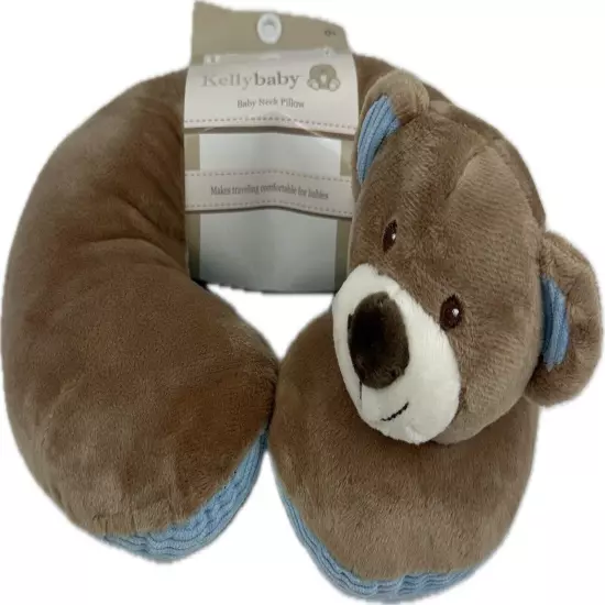 KellyBaby Plush 10 Inch Brown Blue Bear Travel Neck Support Pillow Corduroy Trim