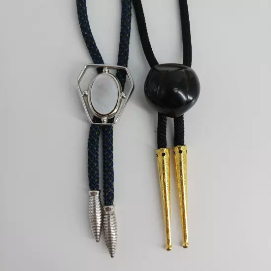 Lot of 2 Bolo Ties Black Kukui Nut & Quartz Corded Gold & Silver Tone