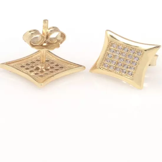 Mens 925 Sterling Silver Cz Square Stud Earrings Pave Studs 10mm Gold