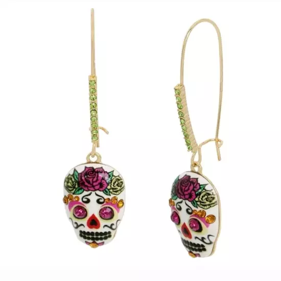 Betsey Johnson Stone Sugar Skull Dangle Earrings.