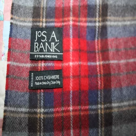 Jos. A. Bank Scarf 100% cashmere Red grey blue plaid Soft classic design