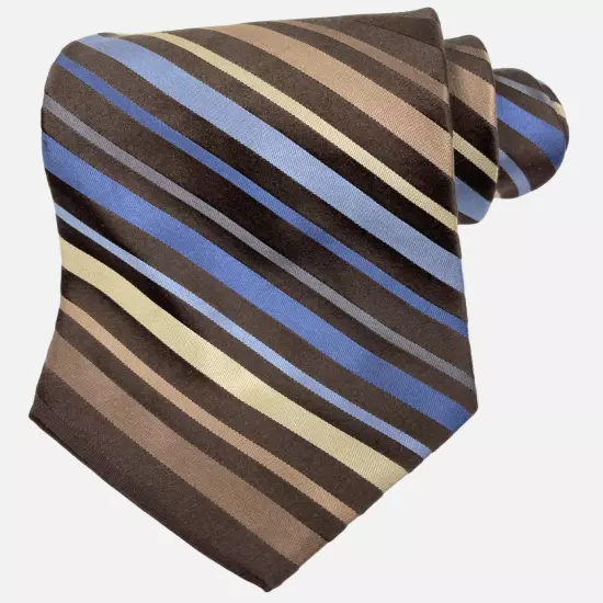 Perry Ellis Portfolio Brown Blue Repp Striped Necktie Silk Tie 3.5" x 60"