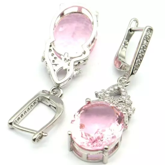 Bohemia Design Pink Kunzite White CZ Bride Wedding Daily Wear Silver Earrings 