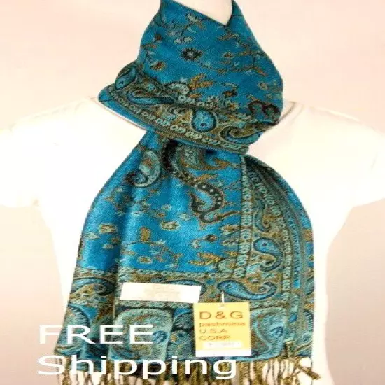 DG Women's Pashmina Wrap.Scarf.Shawl:Paisley Black Turquoise Silk,Cashmere*011