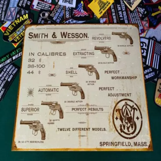 SMITH & WESSON IN CALIBERS METAL TIN SIGN W/ FREE PATCH dtom gun vintage garage