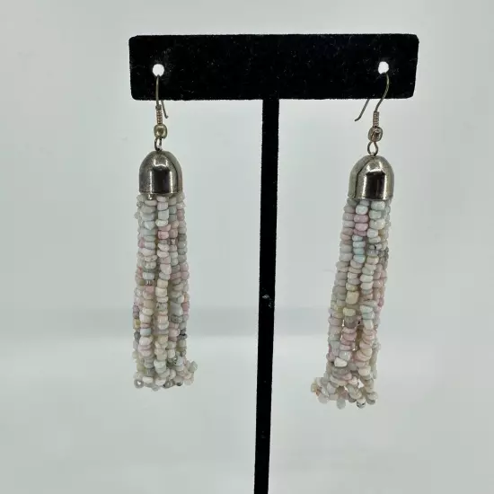 Womens Earrings White Pink Beaded Fringe Dangle Western Boho Costume Fashion