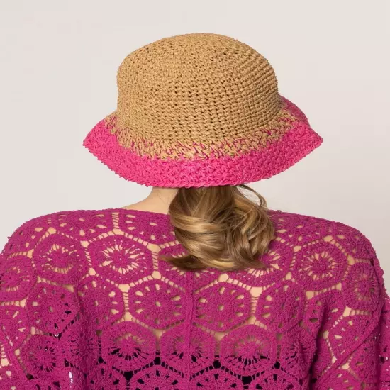 DIONA J TWO TONE STRAW BUCKET HAT ONE SIZE COLOR FUCHSIA